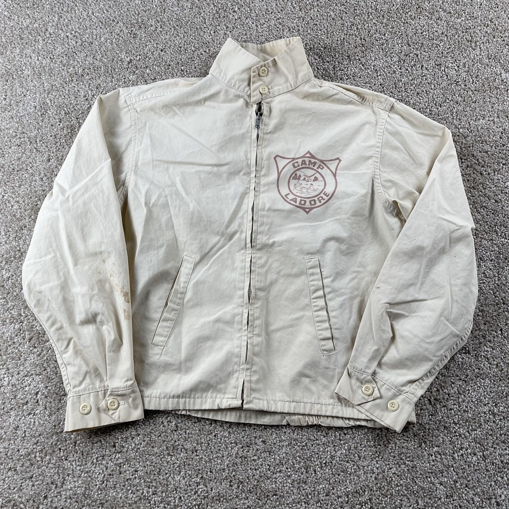 Vintage 50s 60s Linda Henry Jacket Mens Medium White Cotton Camp Ladore Logo Zip